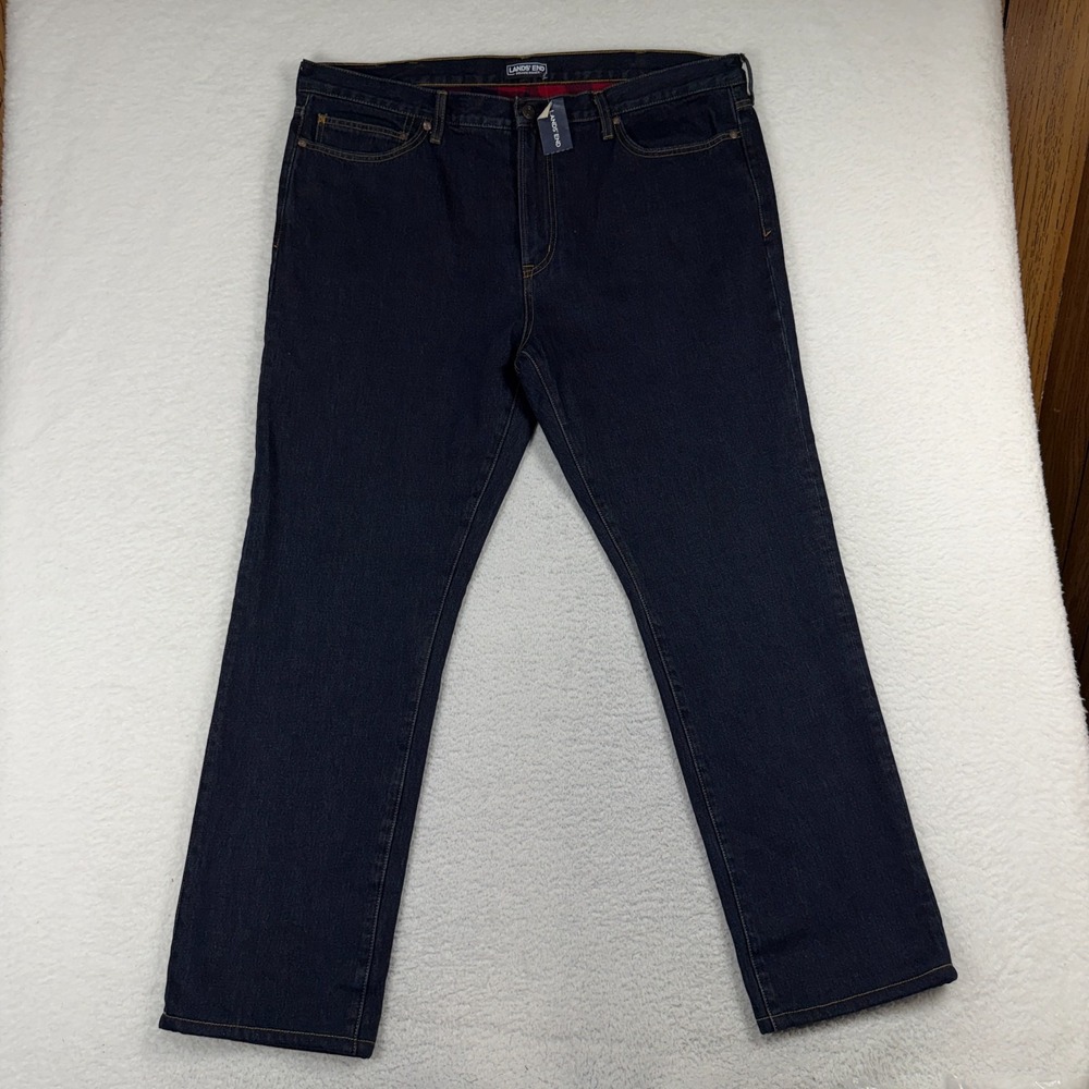 Lands End Square Rigger Mens 42x30 Flannel Lined Jeans Plaid Blue Straight NWT